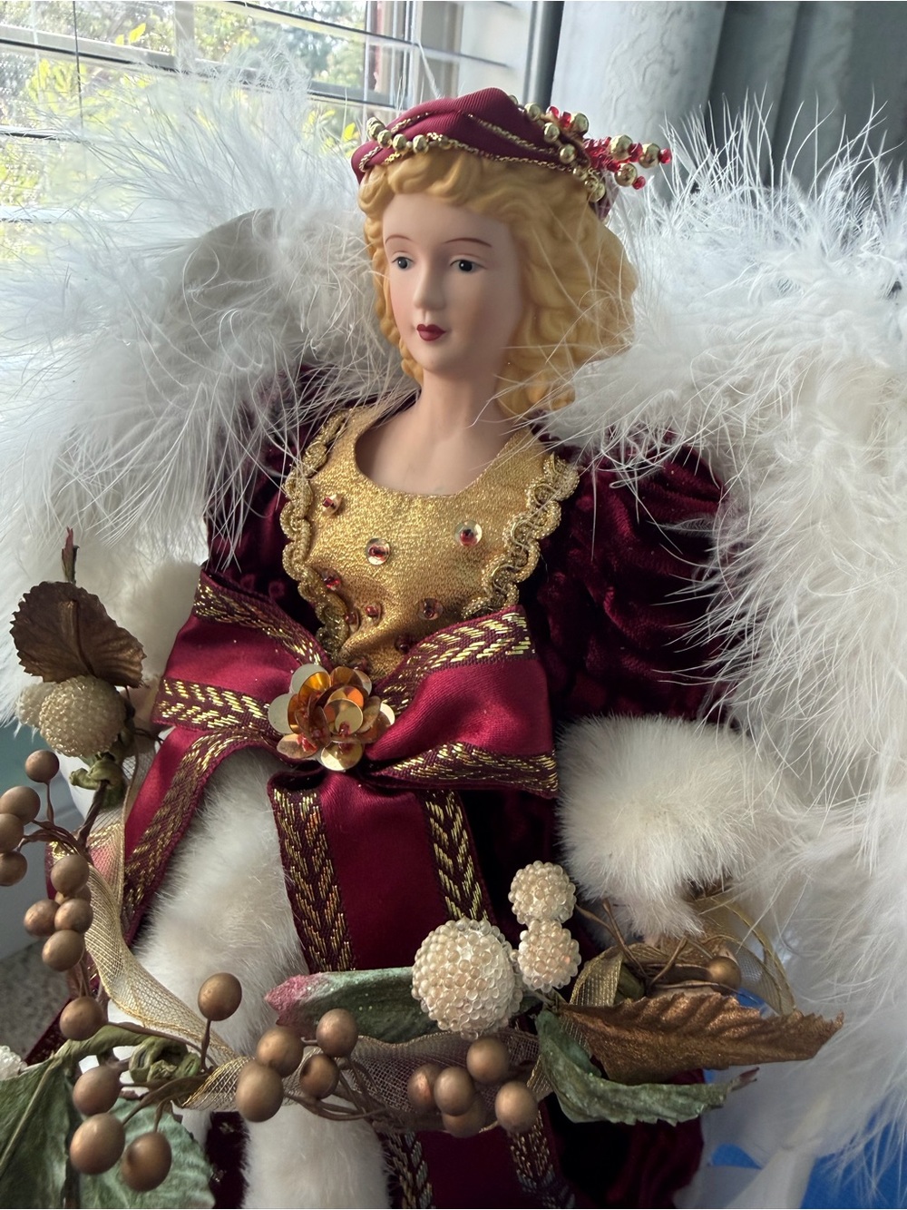 Vintage Christmas Angel Figurine Burgundy & Gold Dress White Feather Wings